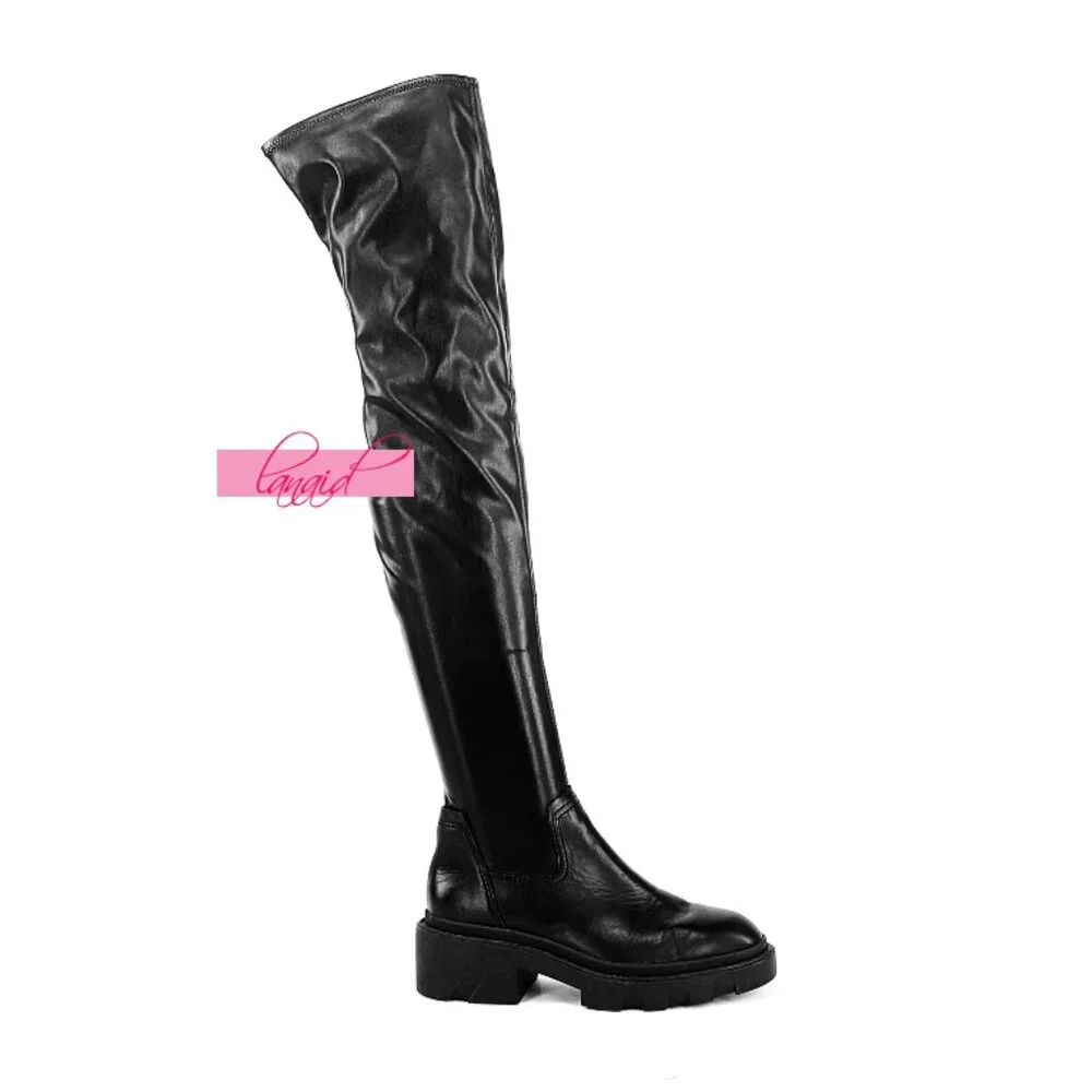 Ash Manny Over-The-Knee Biker Boots Black Thigh-High Leather Chunky Combat Edgy